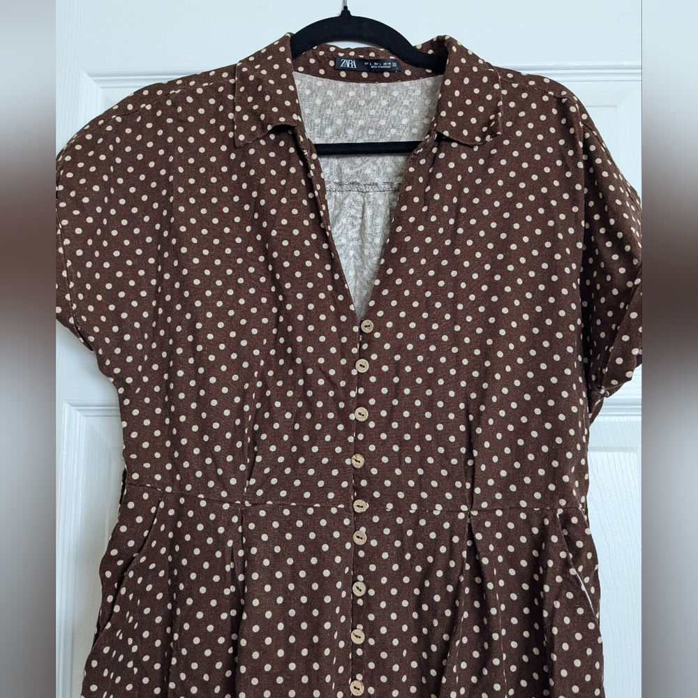 Zara Brown White Button Down Linen Blend Polka Dot Dress Size L Missing Belt - Picture 8 of 11